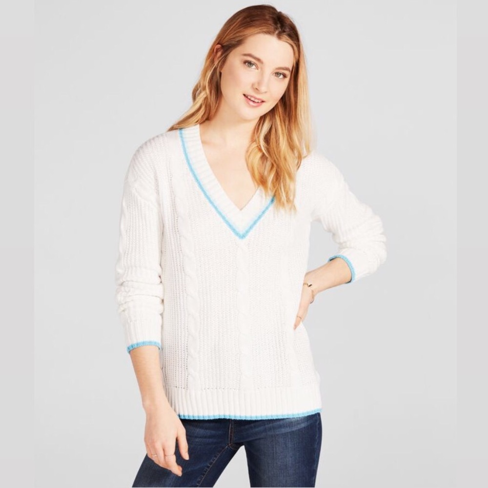 Prince & Fox Knit V-Neck Cable Knit Sweater White w/Blue Trim, Size S New w/Tag